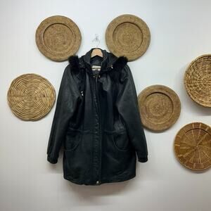 Vintage Y2K 90s Worthington Black Hooded Zip Up Leather Jacket Coat Medium